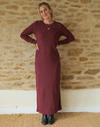 Burgundy_red_ribbed_semi-fitted_dress