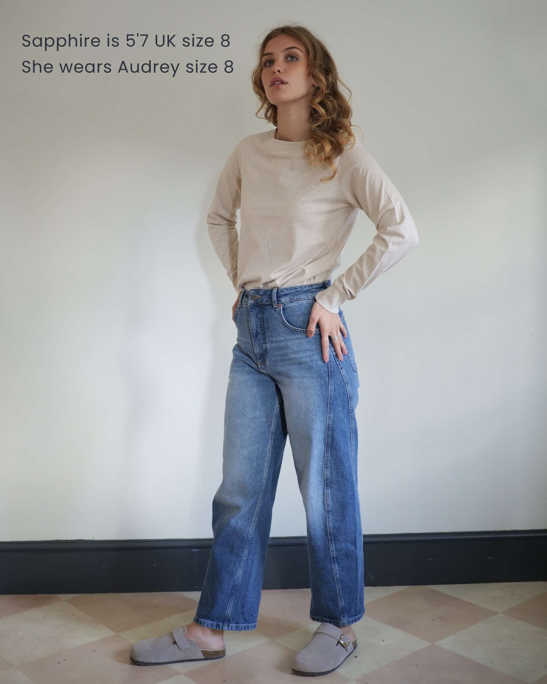 model wearing size 8 organic cotton t shirt