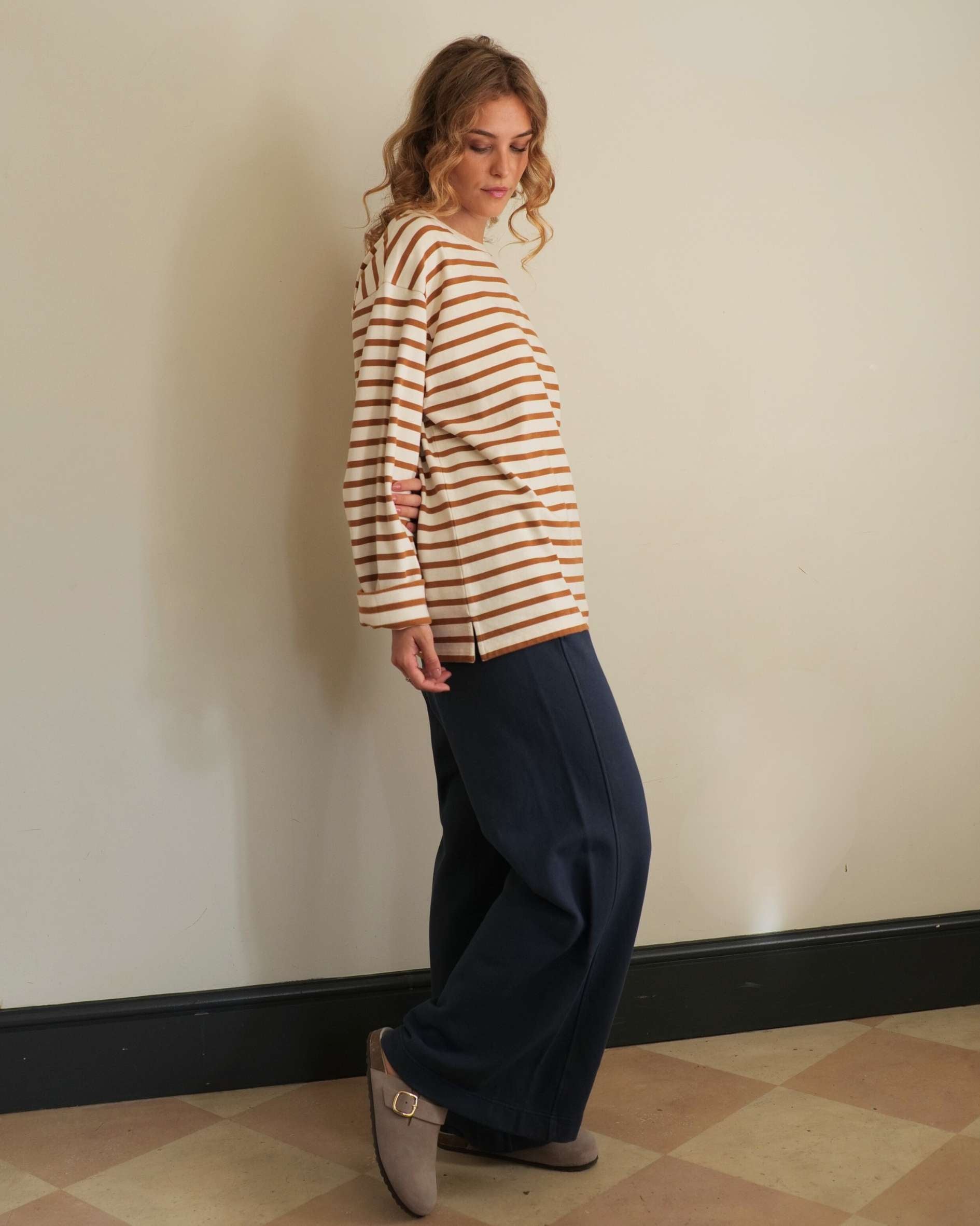 Toffee brown and off white Breton top with wide leg joggers