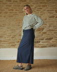 navy blue maxi skirt and stripe top