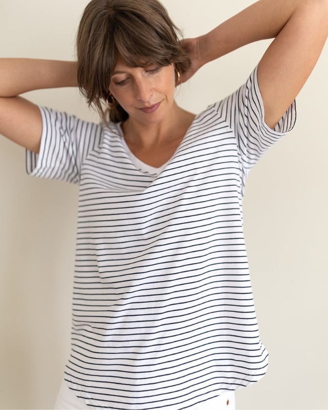 white and Navy Breton tee
