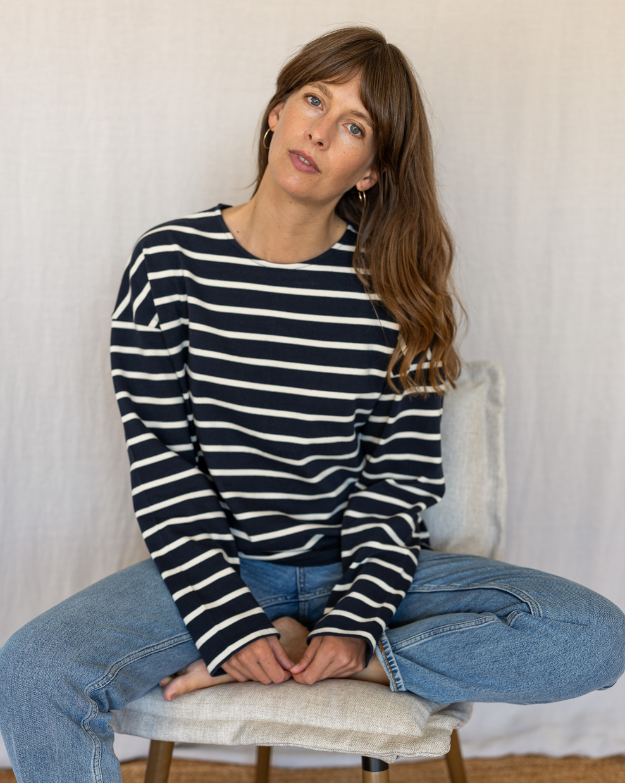 Nora Women's Organic Cotton Heavyweight Jersey Navy Breton Top Nora Women's Organic Cotton Heavyweight Jersey Navy Breton Top