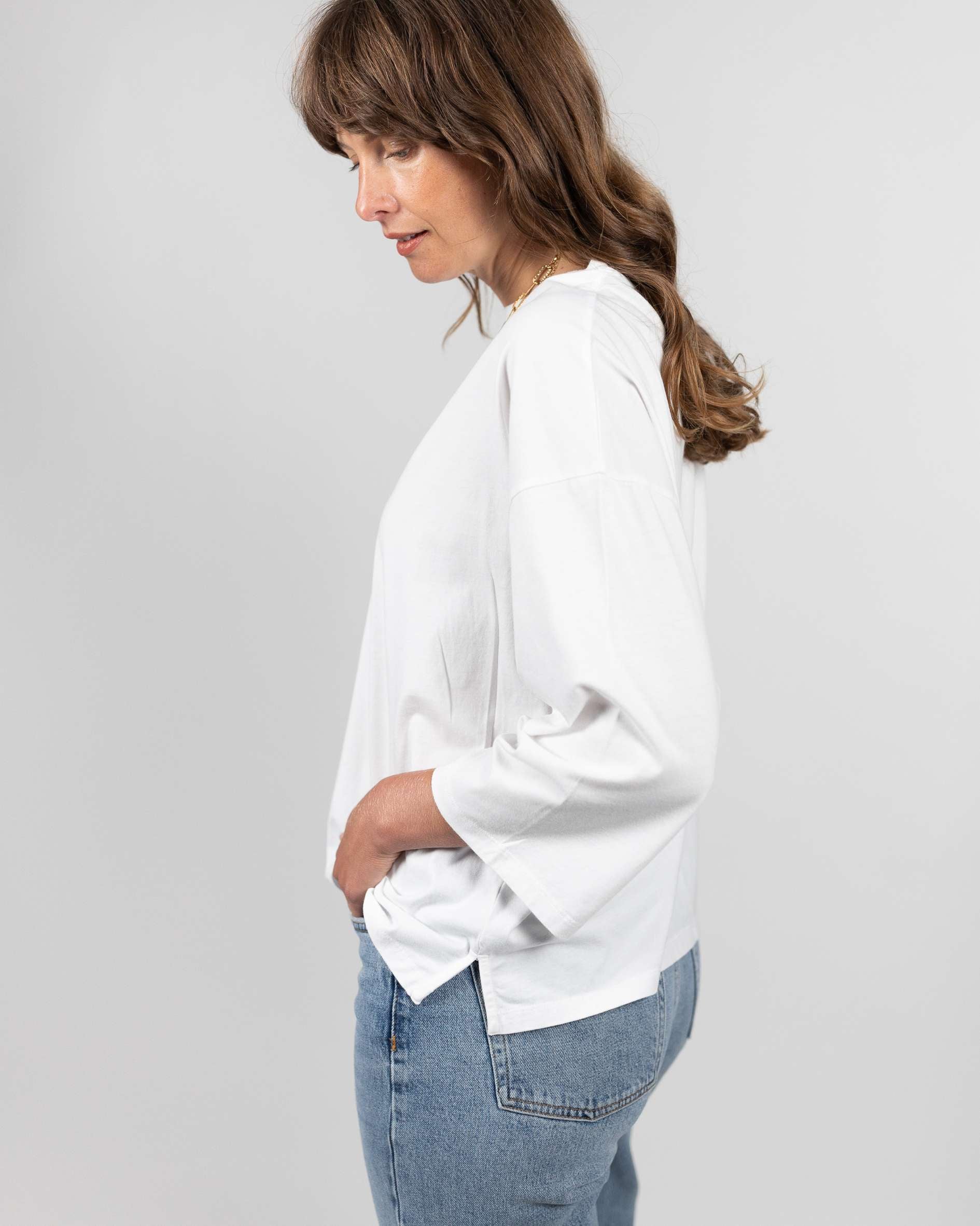 Erin Women's Organic Cotton Crew Neck White 3/4 Sleeve T-Shirt