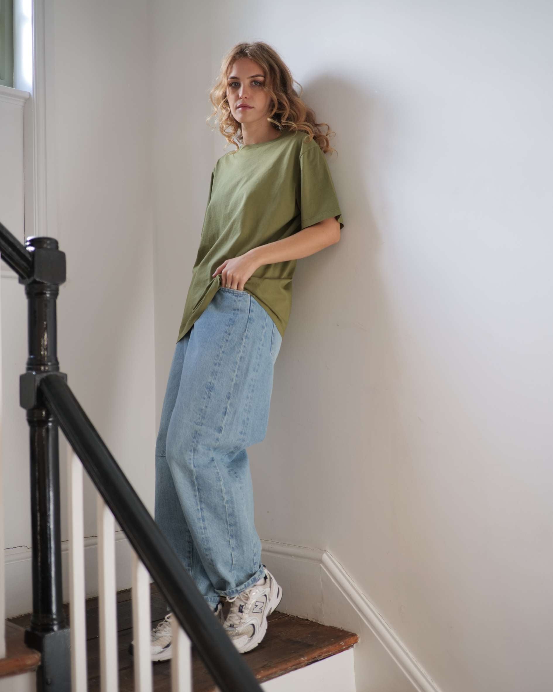 Olive_green_boyfriend_fit_t-shirt with blue jeans