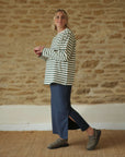 green breton top and navy maxi skirt