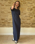 sustainable brand navy midi dress