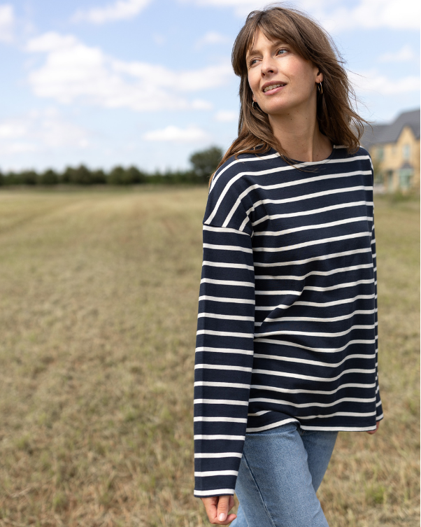 Nora Women's Organic Cotton Heavyweight Jersey Navy Breton Top Nora Women's Organic Cotton Heavyweight Jersey Navy Breton Top