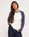 womens organic cotton_raglan_long_t shirt_navy ecru crew