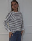 woman wearing classic breton t-shirt