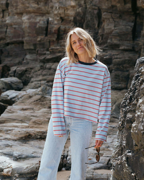 Hannah Long Sleeve Midweight Organic Cotton Sky Blue Multi Stripe