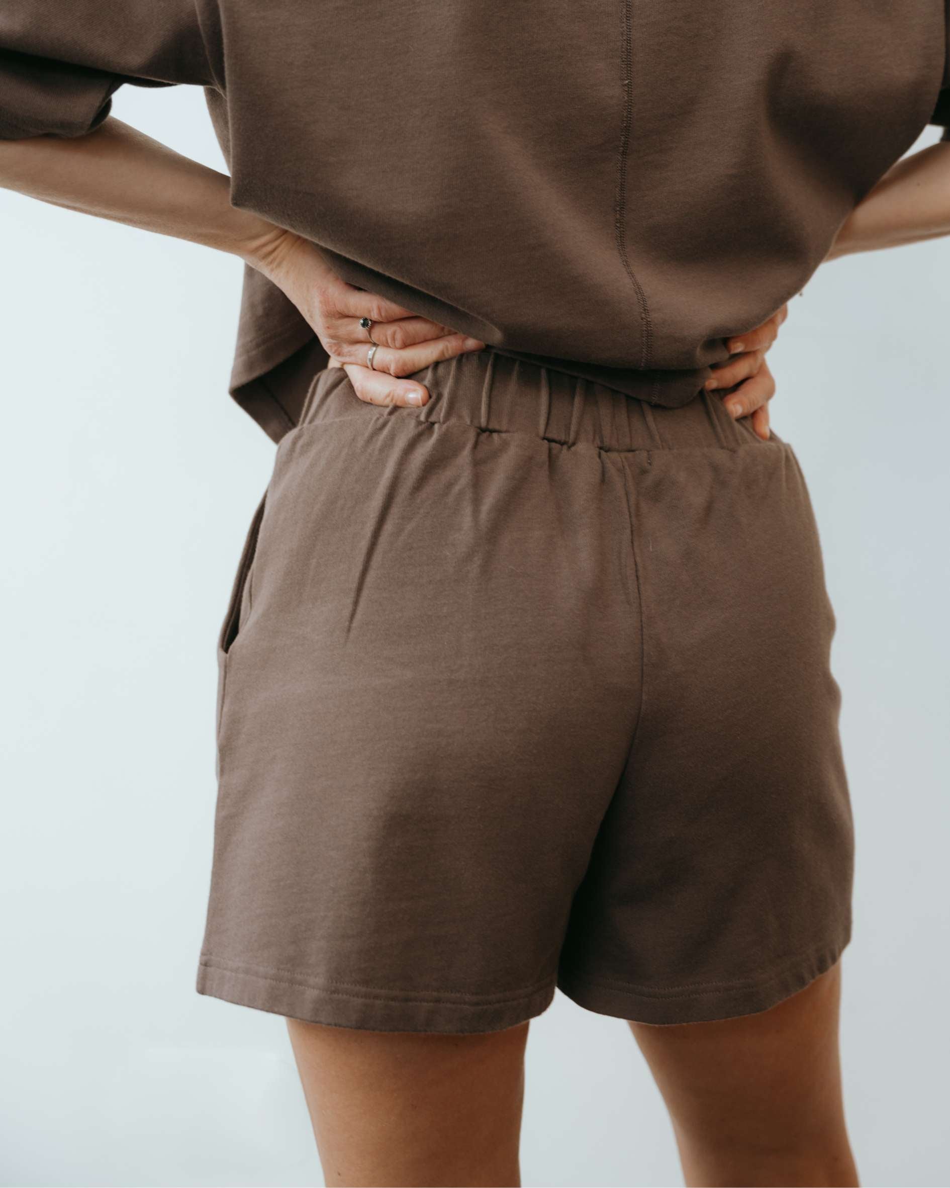 100% organic cotton chocolate stretch waist shorts t-shirt set