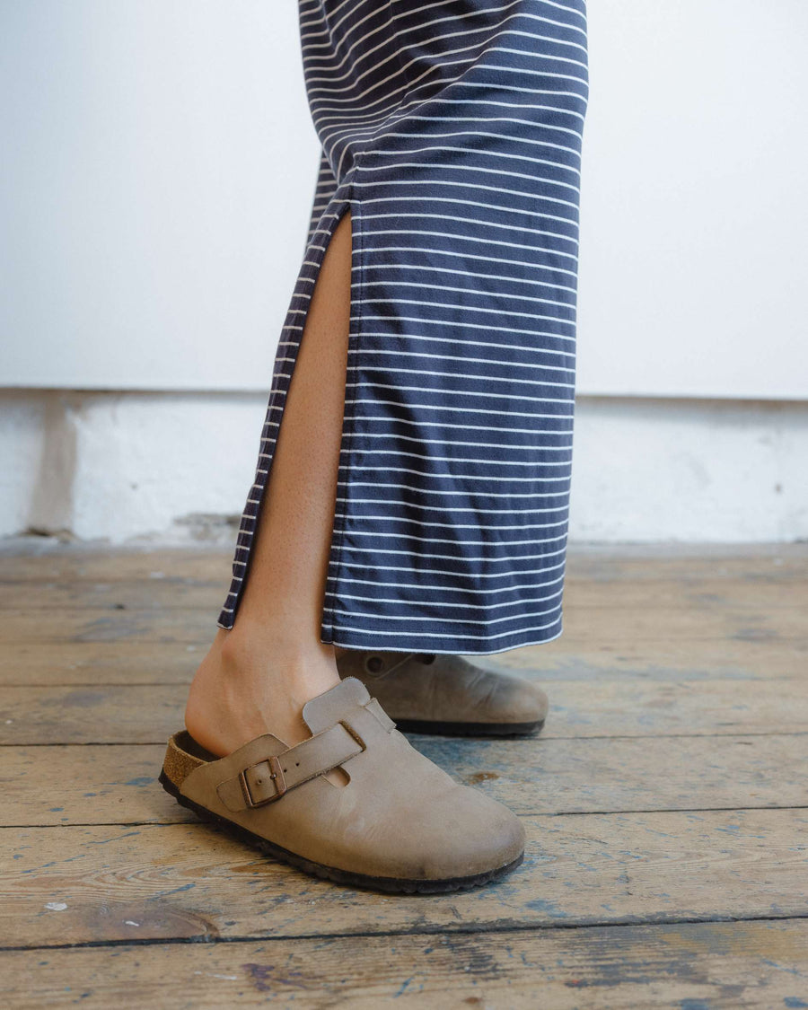 Side seams on easy-to-wear Elle Navy Stripe dress