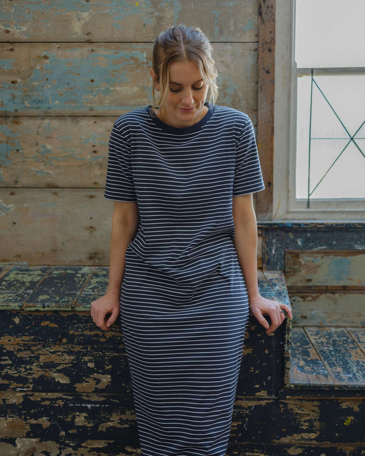 Flattering Elle Navy Stripe dress