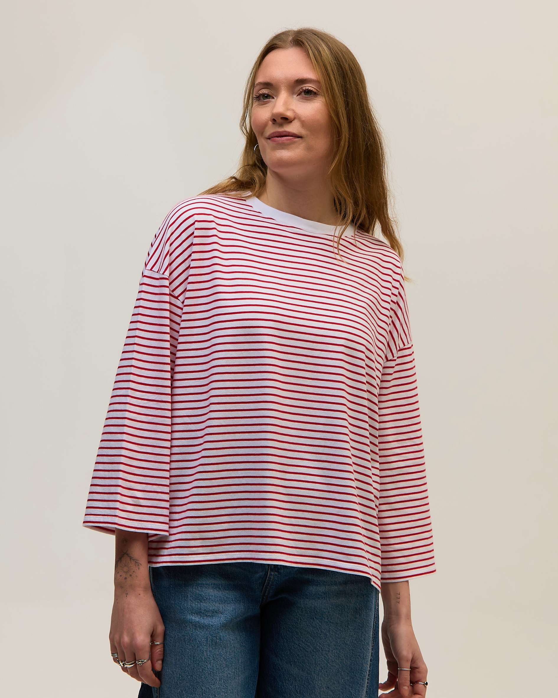 Erin Red Fine Stripe Boxy Cotton T-Shirt