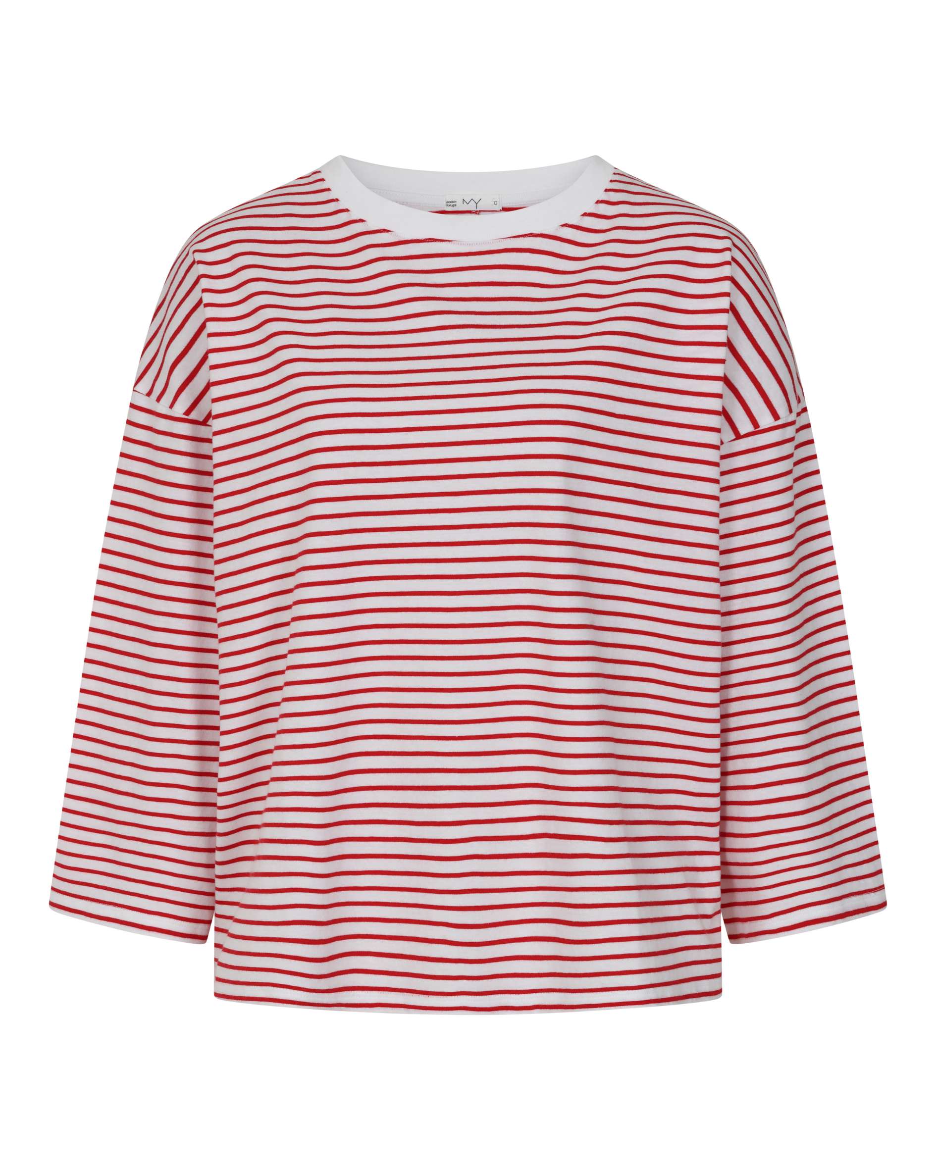 Erin_Three_Quarter_Sleeve_Organic_Cotton_Red_Fine_Stripe_T-Shirt_cut_out_image
