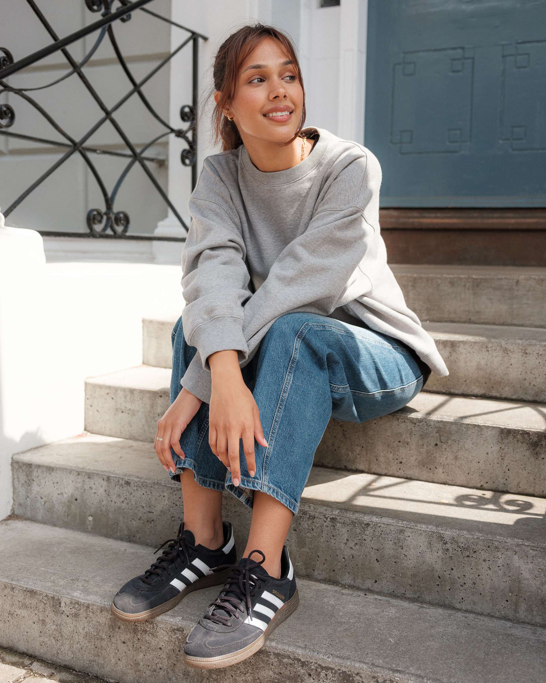 Heavyweight grey marl sweatshirt with jeans and trainers