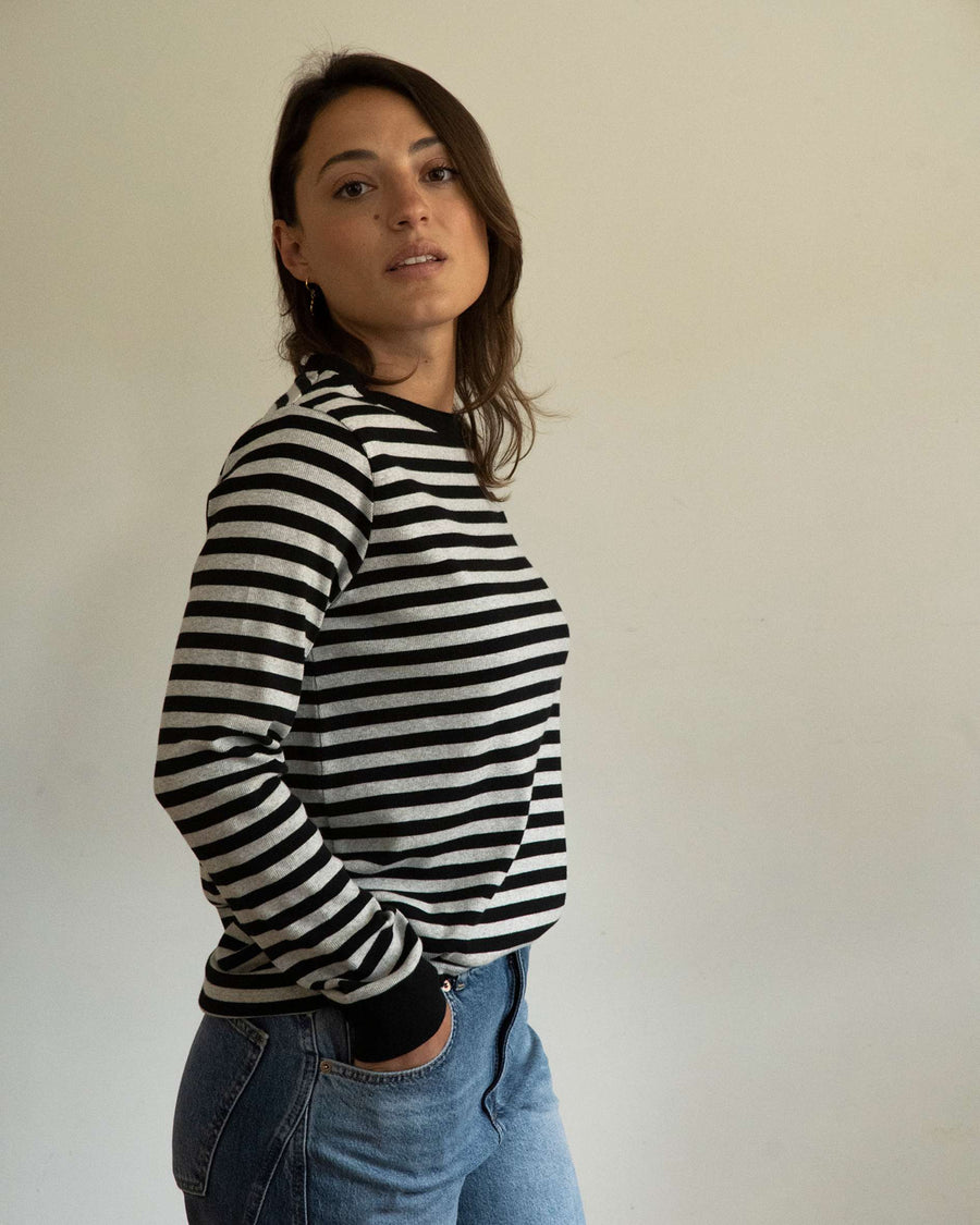Audrey Luxe Rib Organic Cotton Grey Marl/Black Stripe T-Shirt