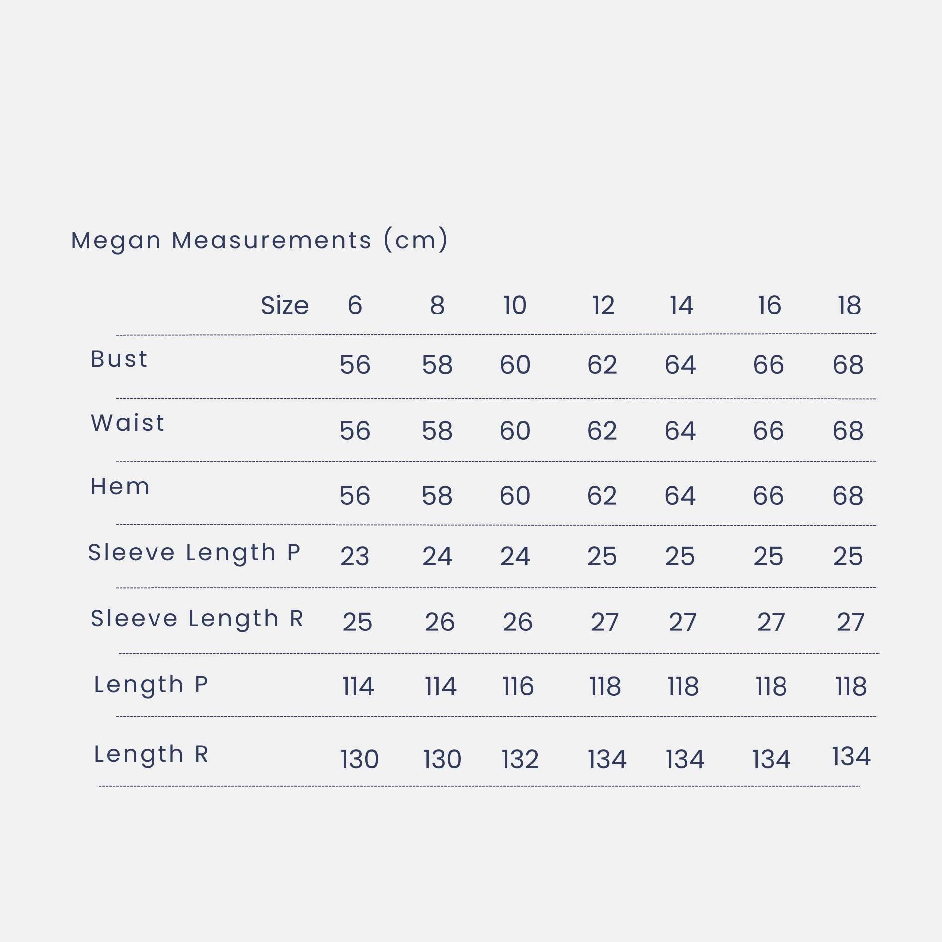 Measurement chart for Megan clothing with sizes 6 to 18.