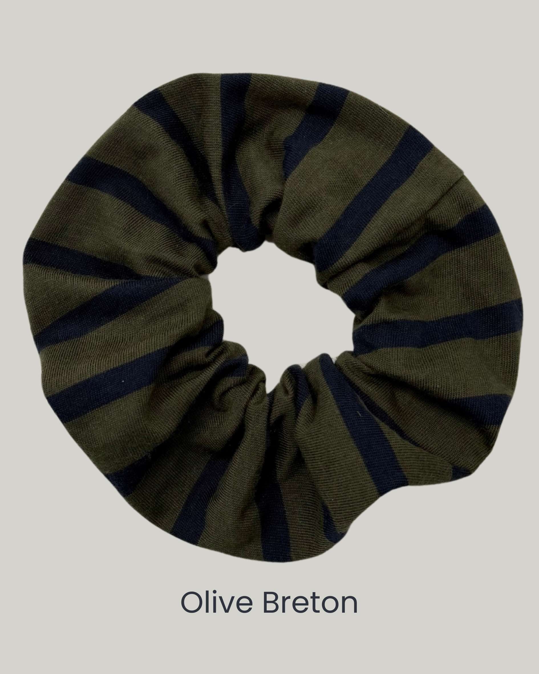 OLIVE_AND_NAVY_BRETON_Stripe_Scrunchie_with_reused_fabric_remnants