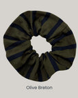 OLIVE_AND_NAVY_BRETON_Stripe_Scrunchie_with_reused_fabric_remnants
