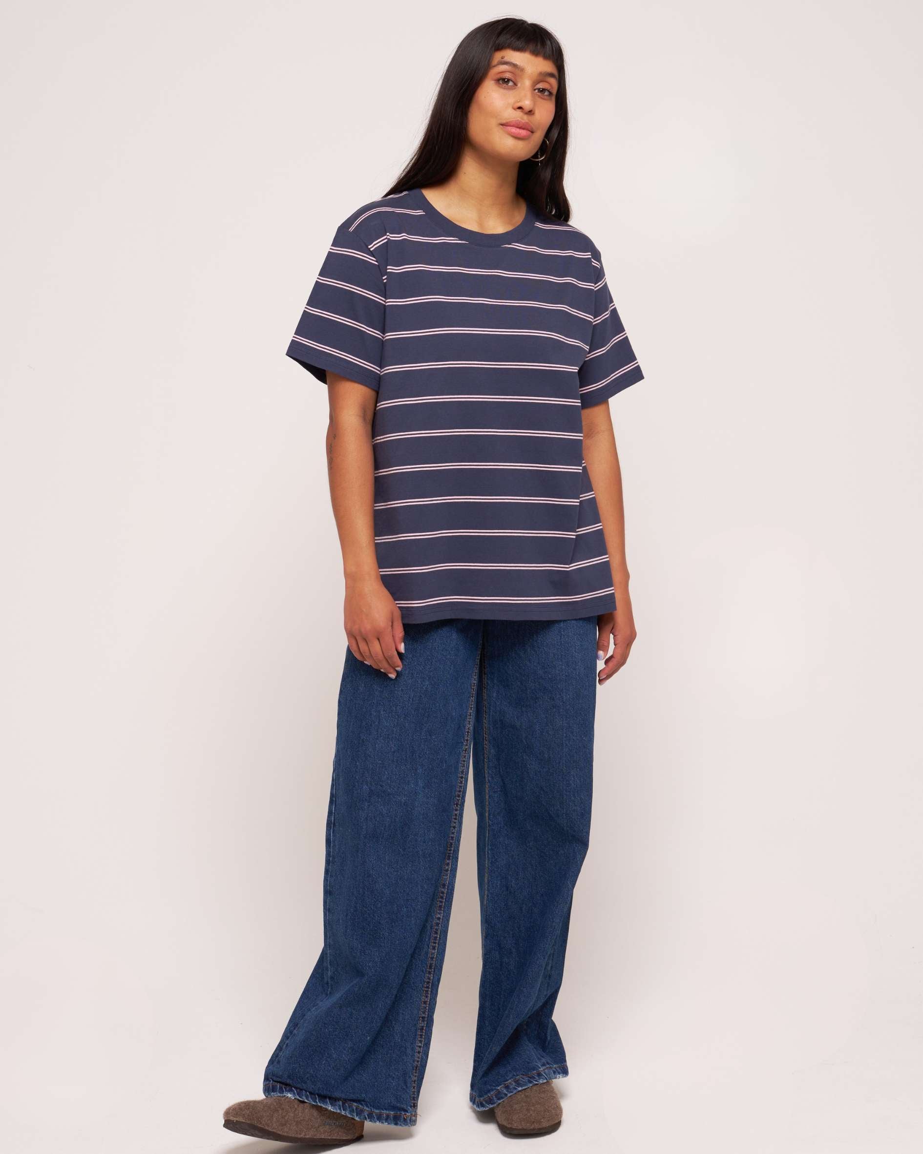 Oversized crew neck Navy Blue Pale Pink Stripe t-shirt