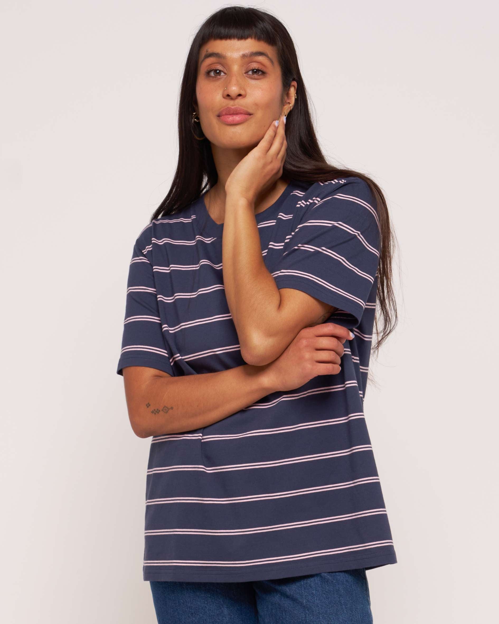 Oversized crew neck Navy Pink Stripe tshirt