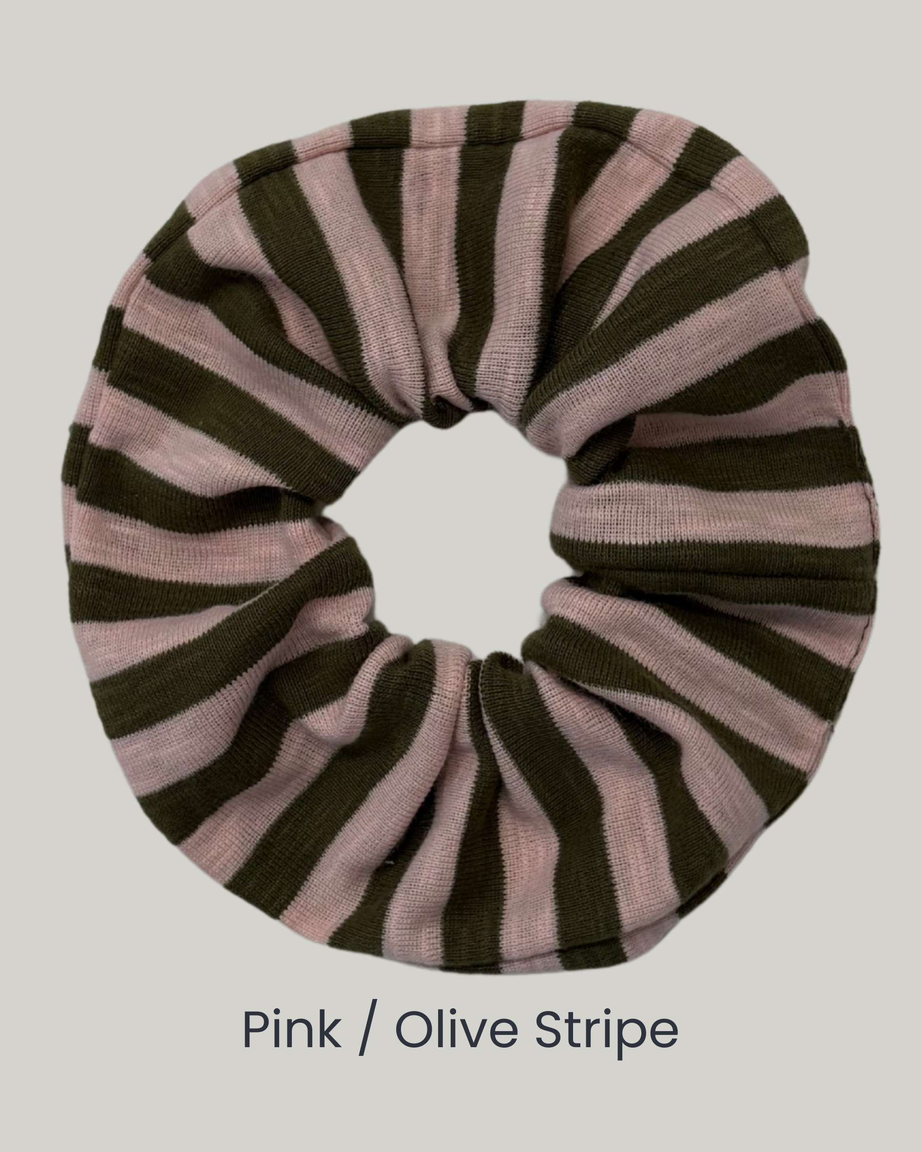 PINK_AND_OLIVE_STRIPE_Scrunchie_with_reused_fabric_remnants