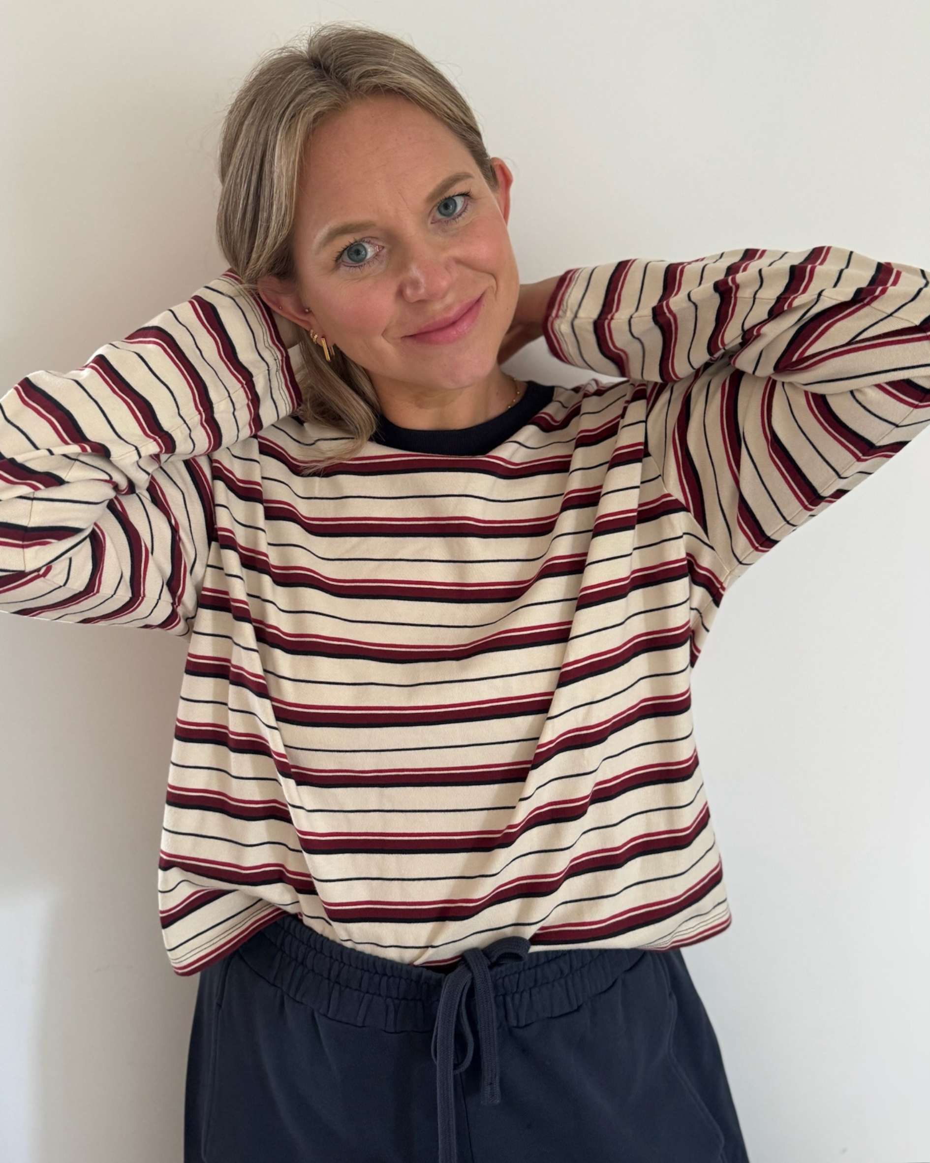 Sally wears Long Sleeve Hannah in Vanilla Multistripe