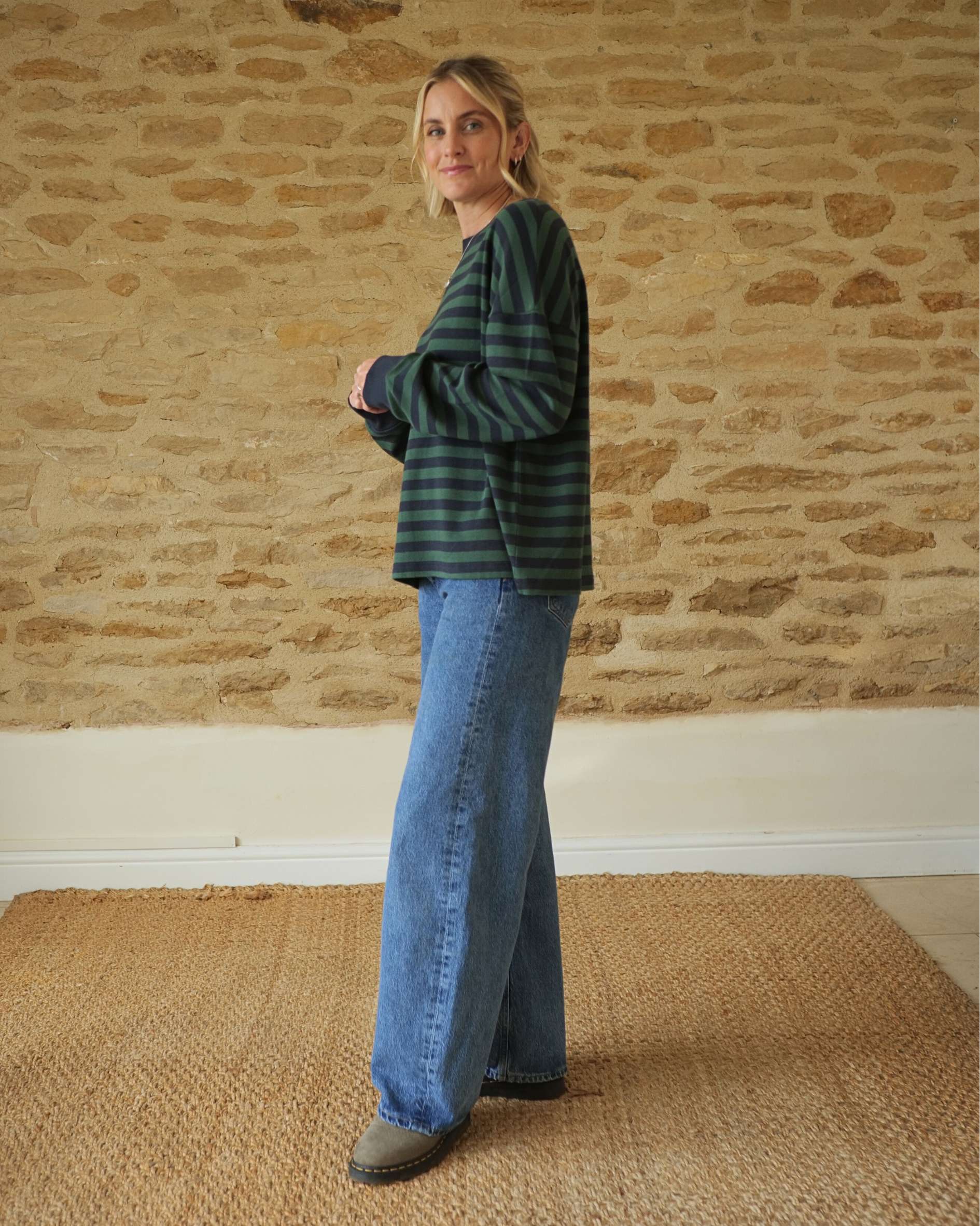 Sally Organic Cotton Navy/Green Stripe Sweatshirt