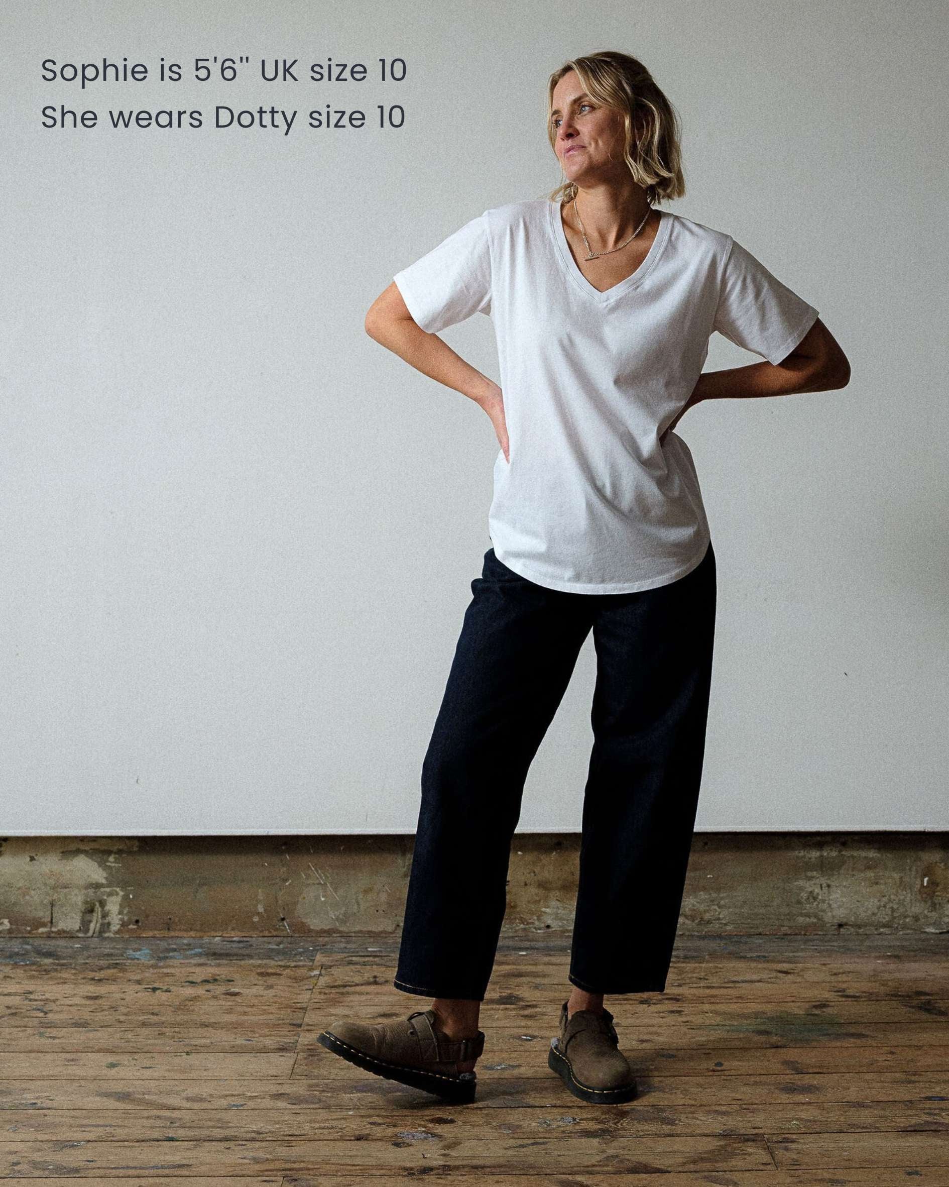 Sophie_wears_Dotty_White_V_Neck_T-Shirt_in_size_10