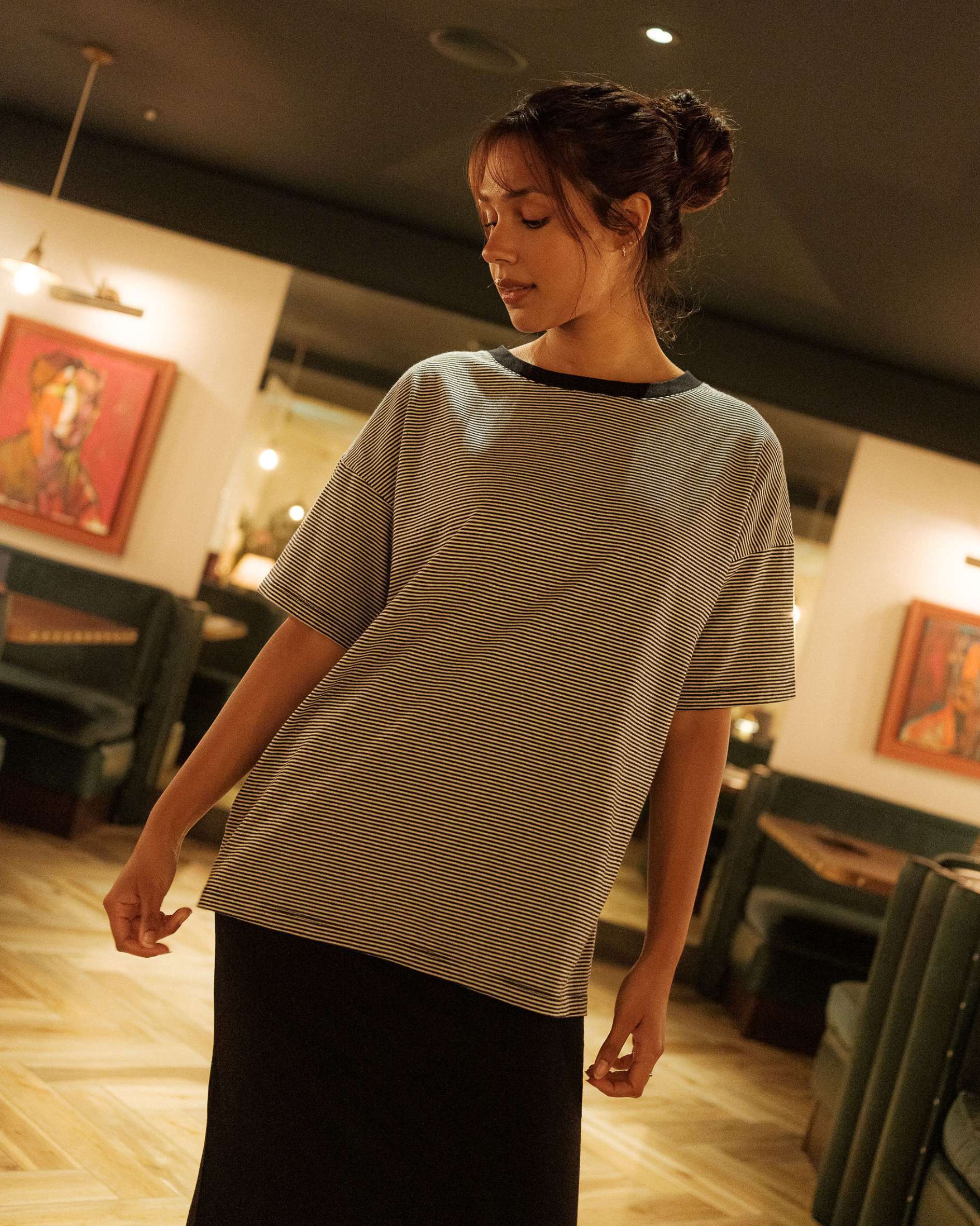 Thia_Organic_Cotton_Black_Fine_Stripe_T-Shirt_with_black_skirt