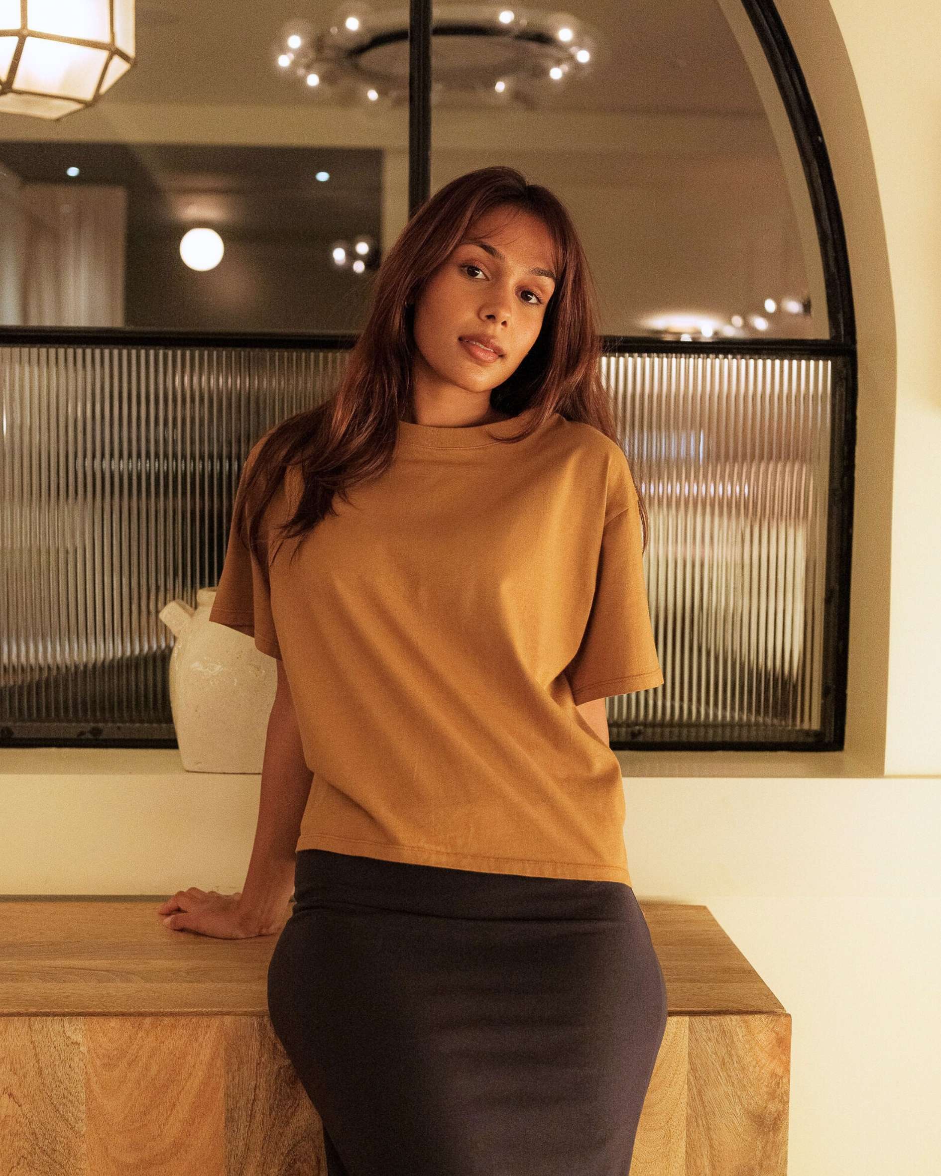 Toffee_coloured_cropped_organic_with_navy_skirt