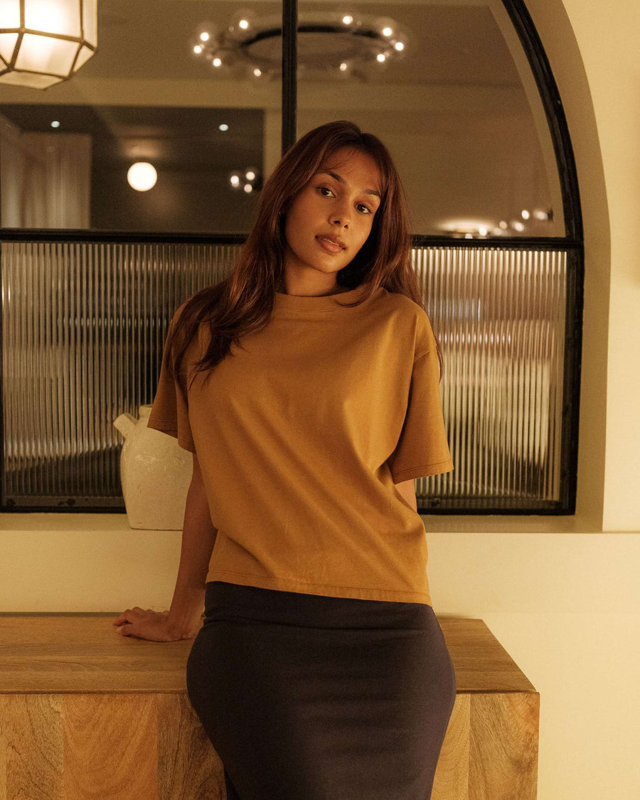 Toffee_coloured_cropped_organic_with_navy_skirt