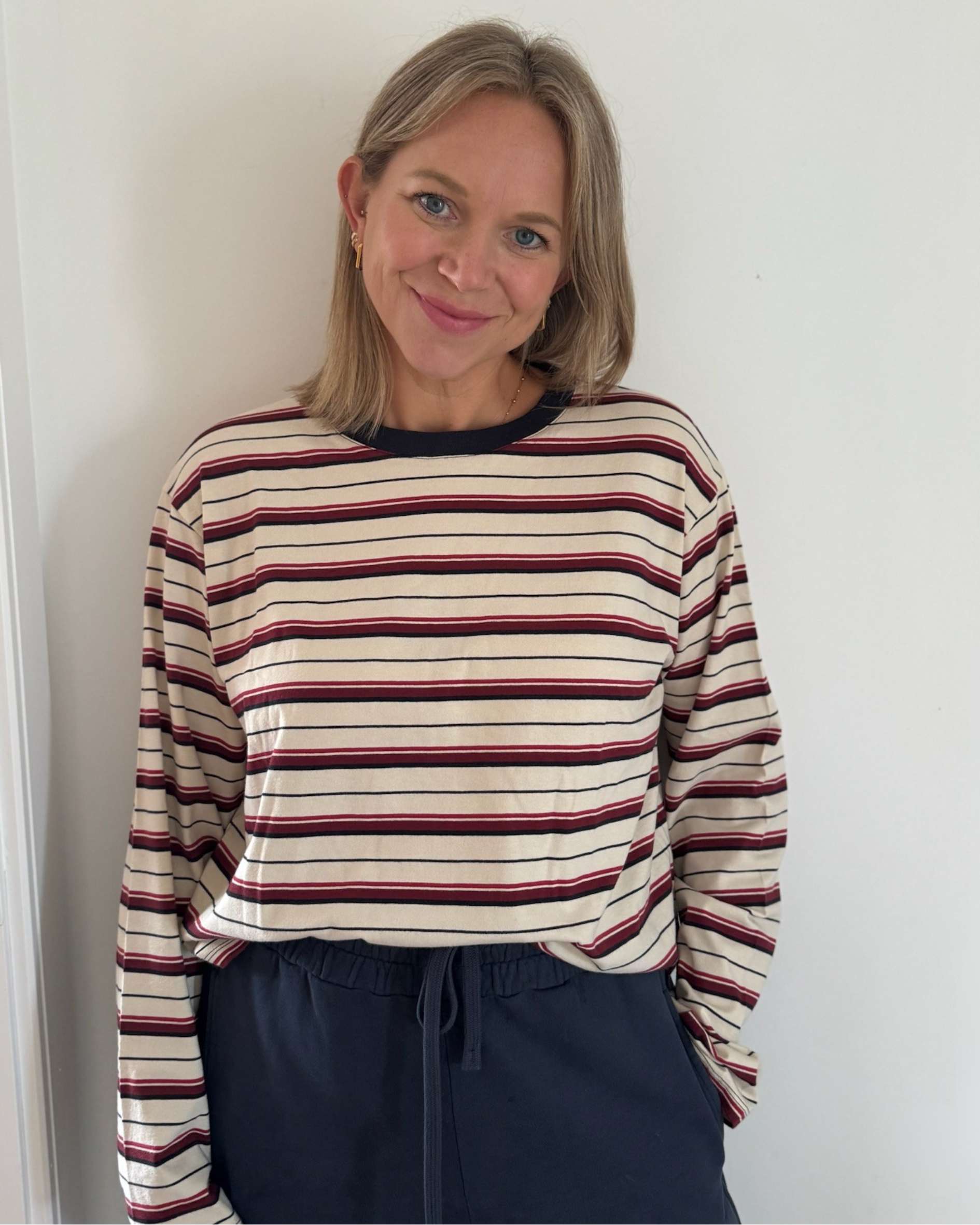 Vanilla cherry and burgundy multistripe top