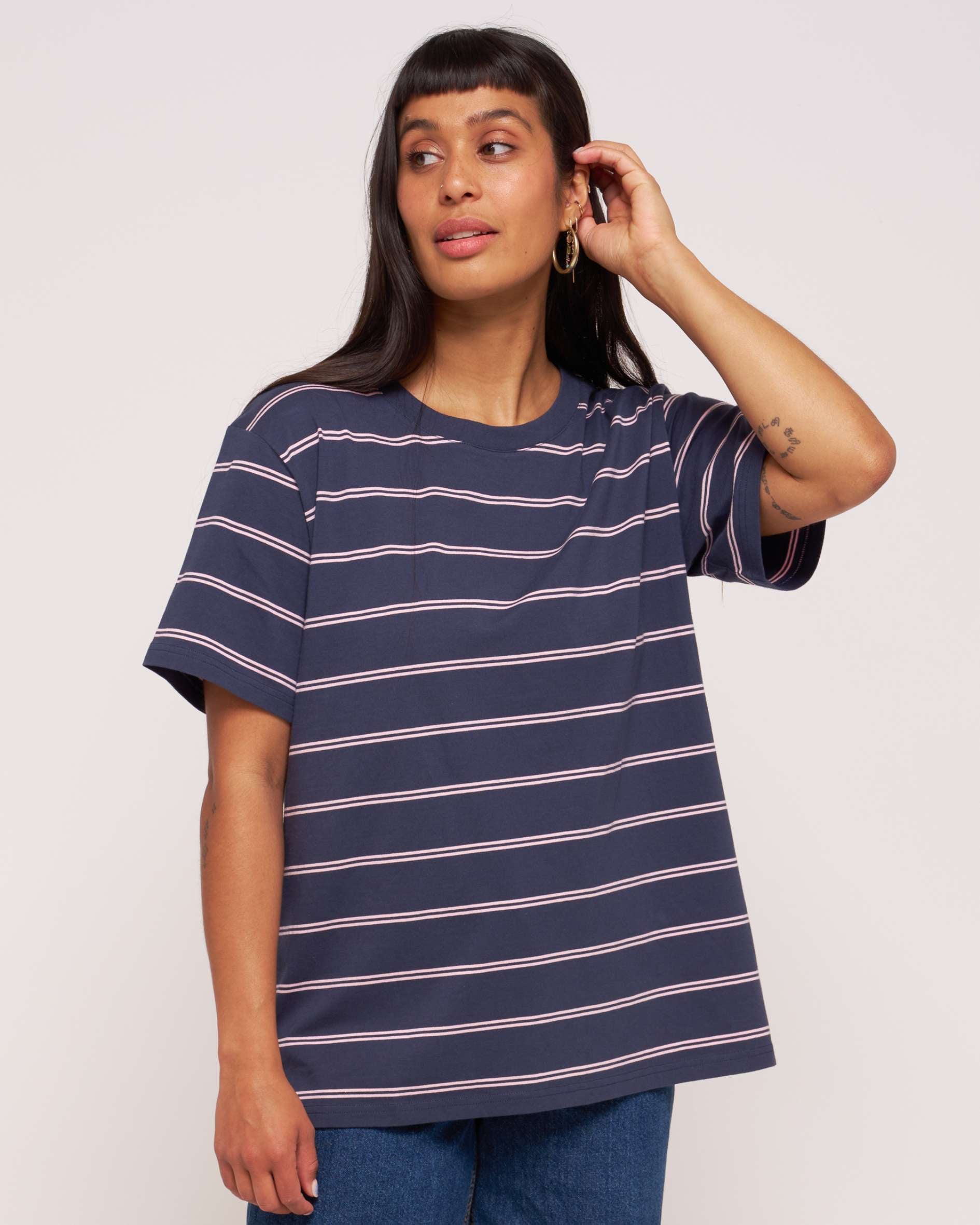 Women's Boyfriend Navy Pink Fine Stripe tshirt