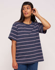 Women's Boyfriend Navy Pink Fine Stripe tshirt