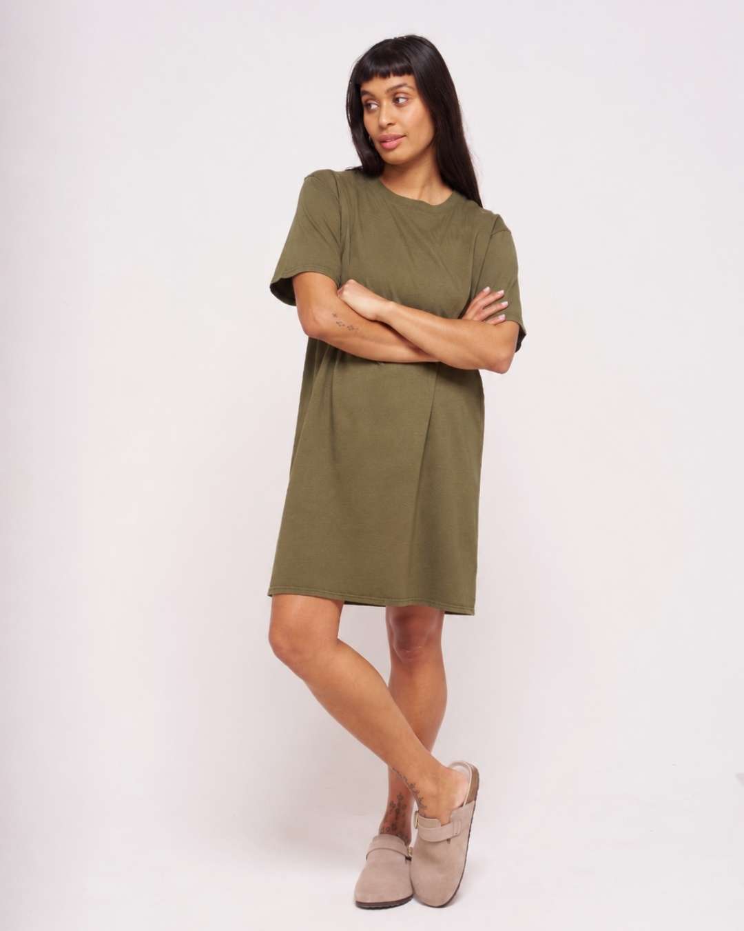 Women's boxy khaki organic cotton t-shirt dress