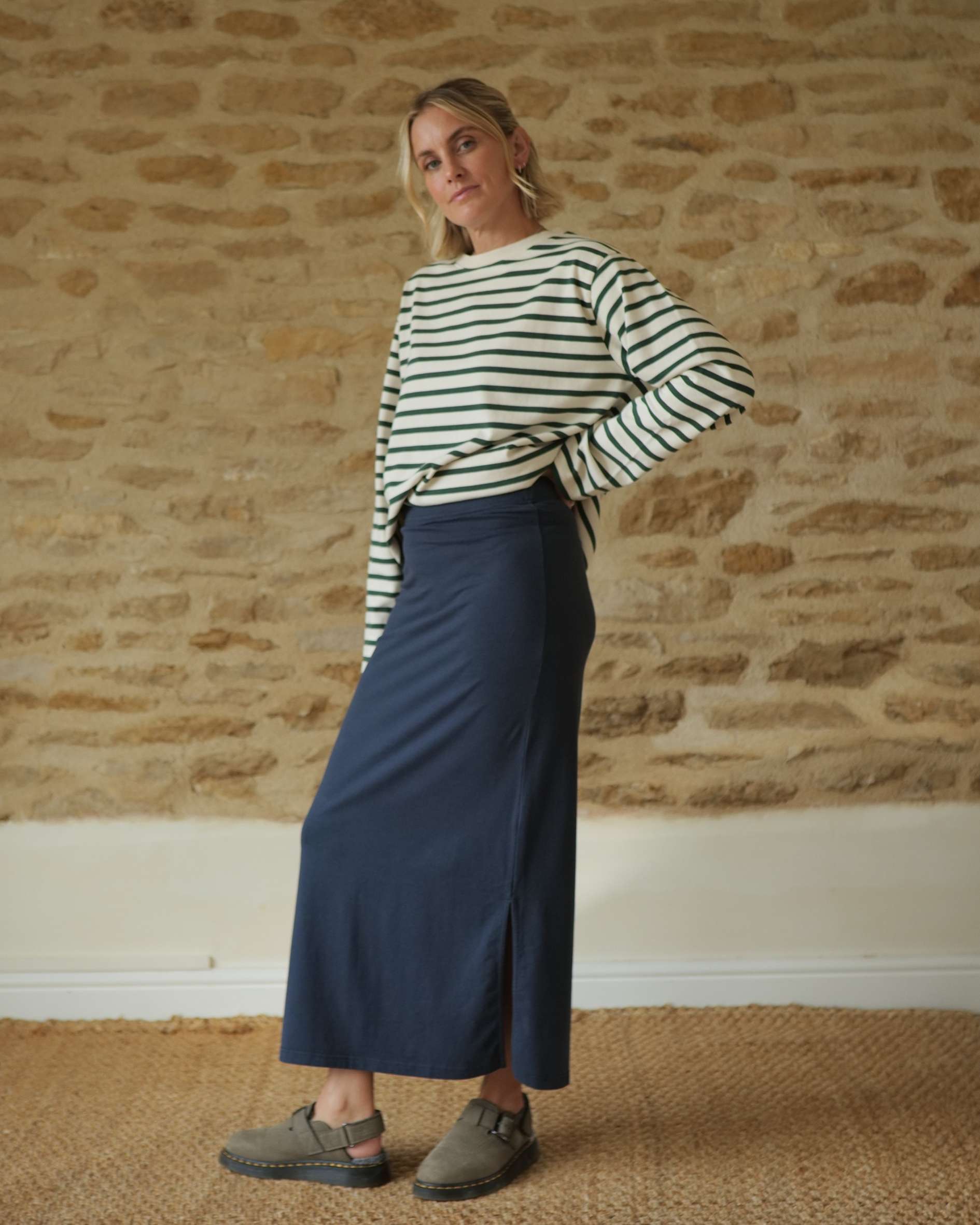 navy blue maxi skirt and stripe top