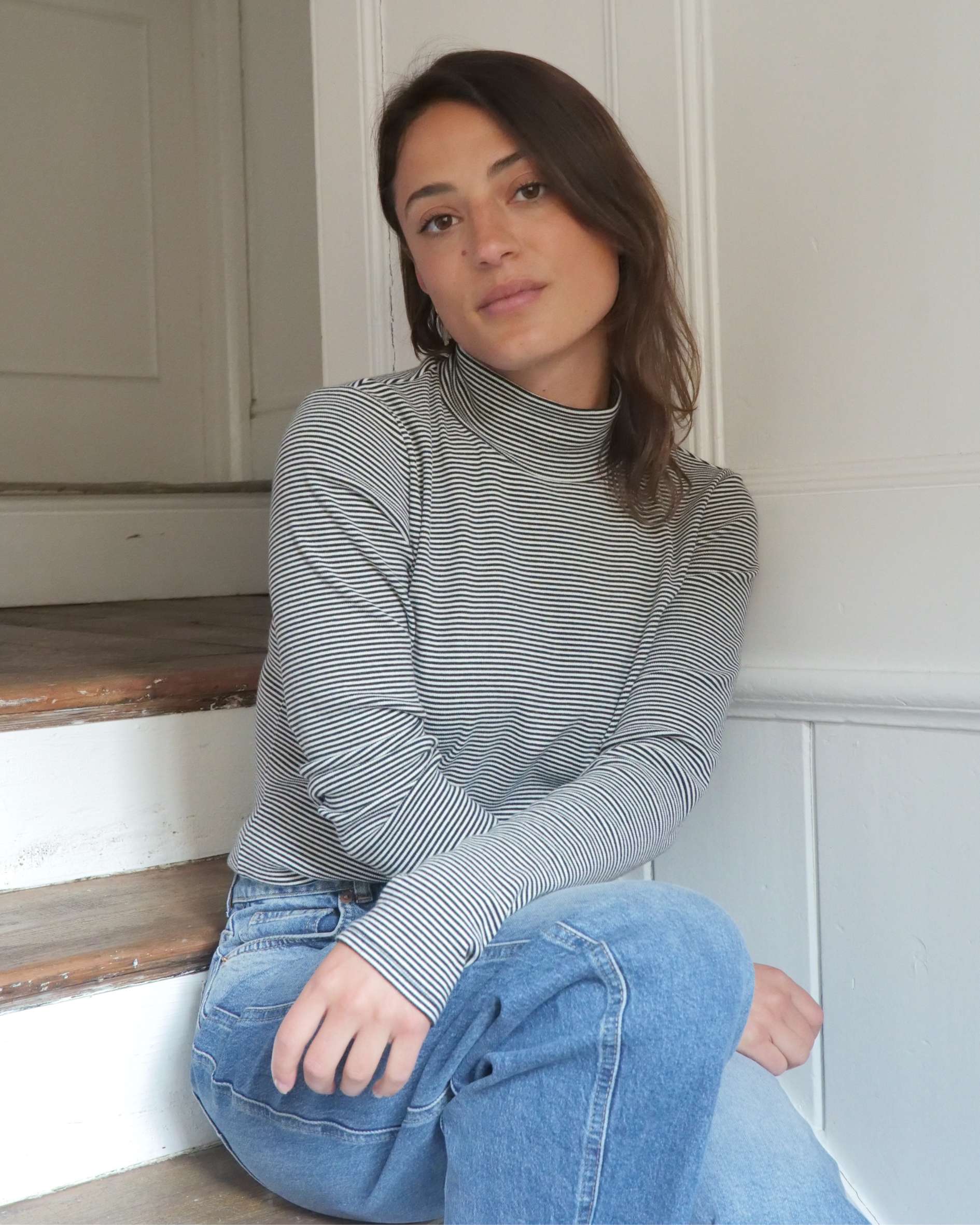 black fine stripe funnel neck in organic cotton