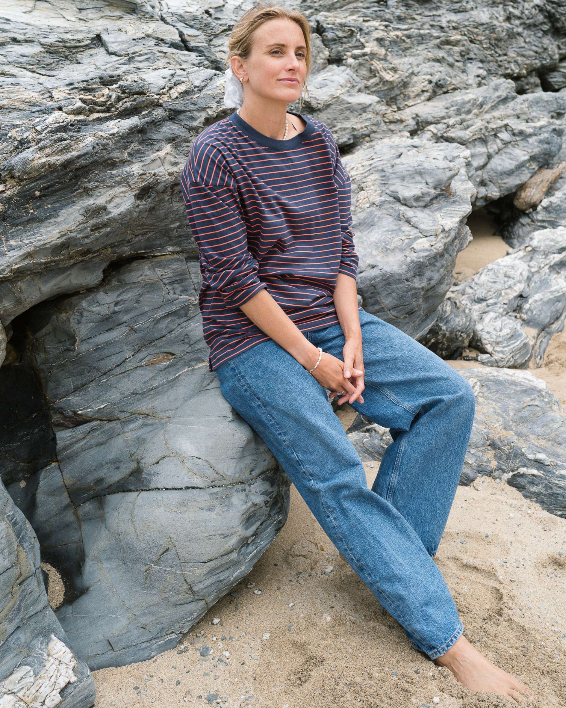 cotton navy red long sleeve t-shirt