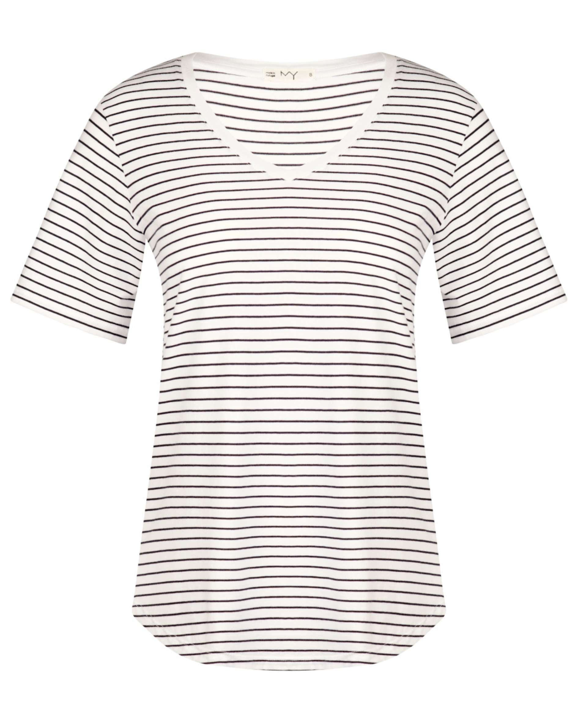 t shirt with fine stripes and a v neck