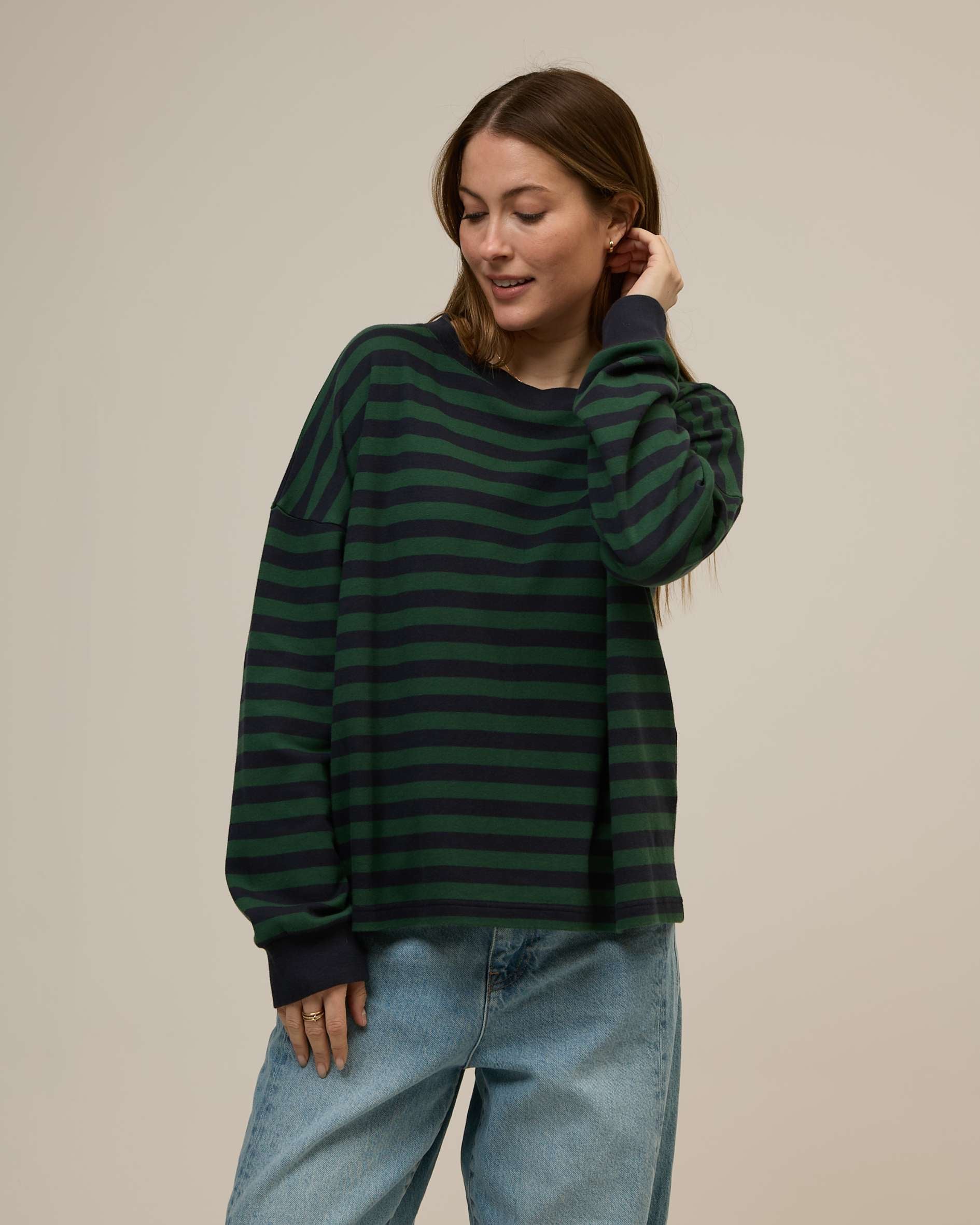 navy and green stripe sweatshirt