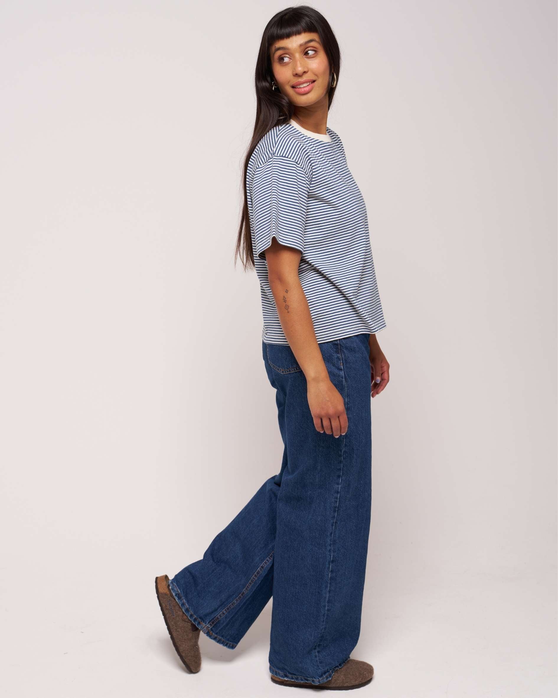 hannah ecru blue stripe cotton crew  neck