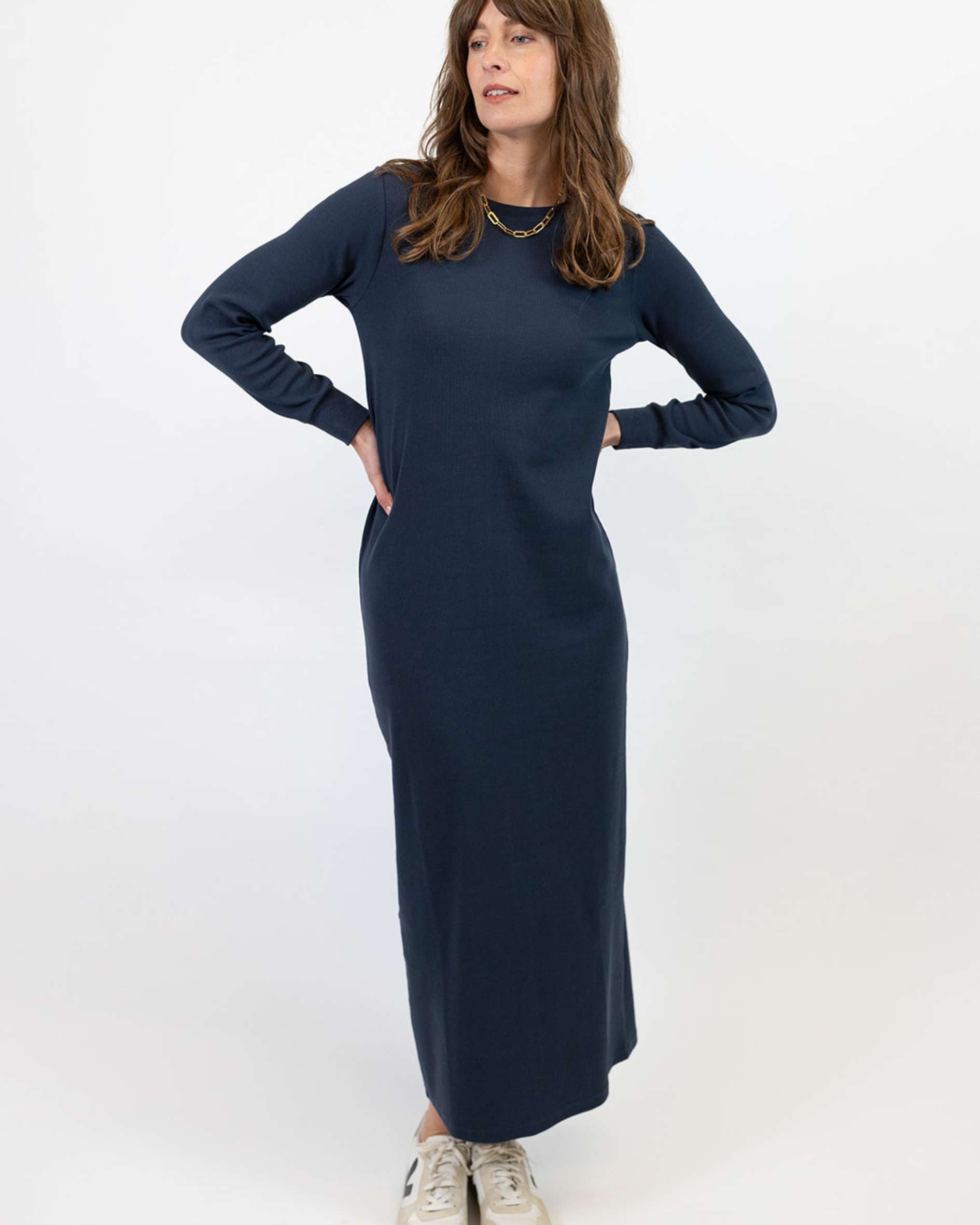 Lydia Women's Organic Cotton Crew Neck T-Shirt Dress Navy Rib