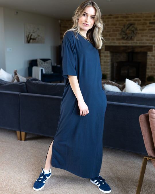 navy blue midi-dress