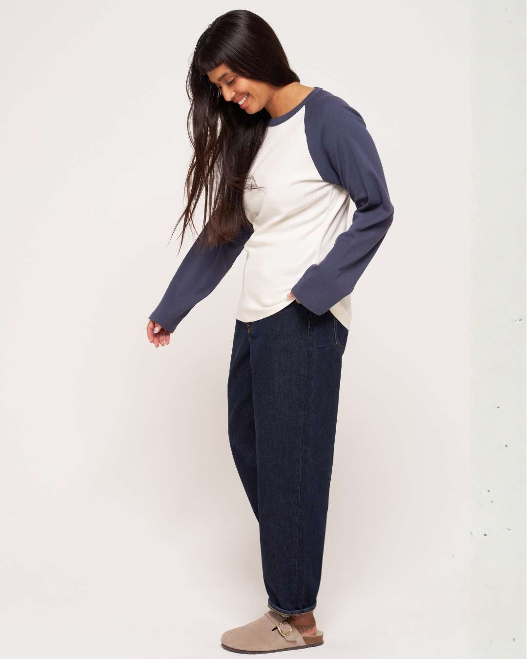 organic cotton_baseball_long_t shirt_navy ecru crew