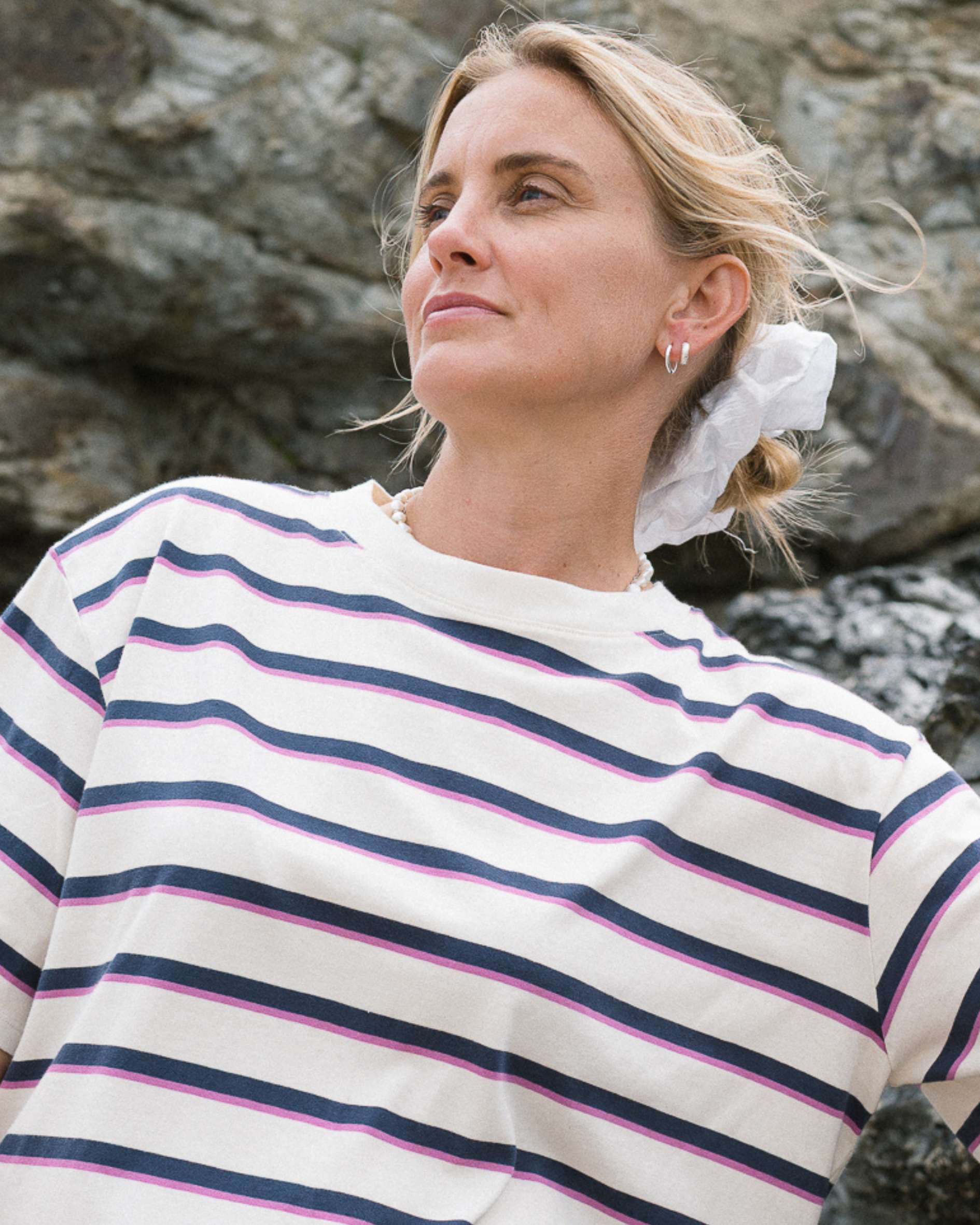 organic cotton pink navy stripe Boxy T-shirt