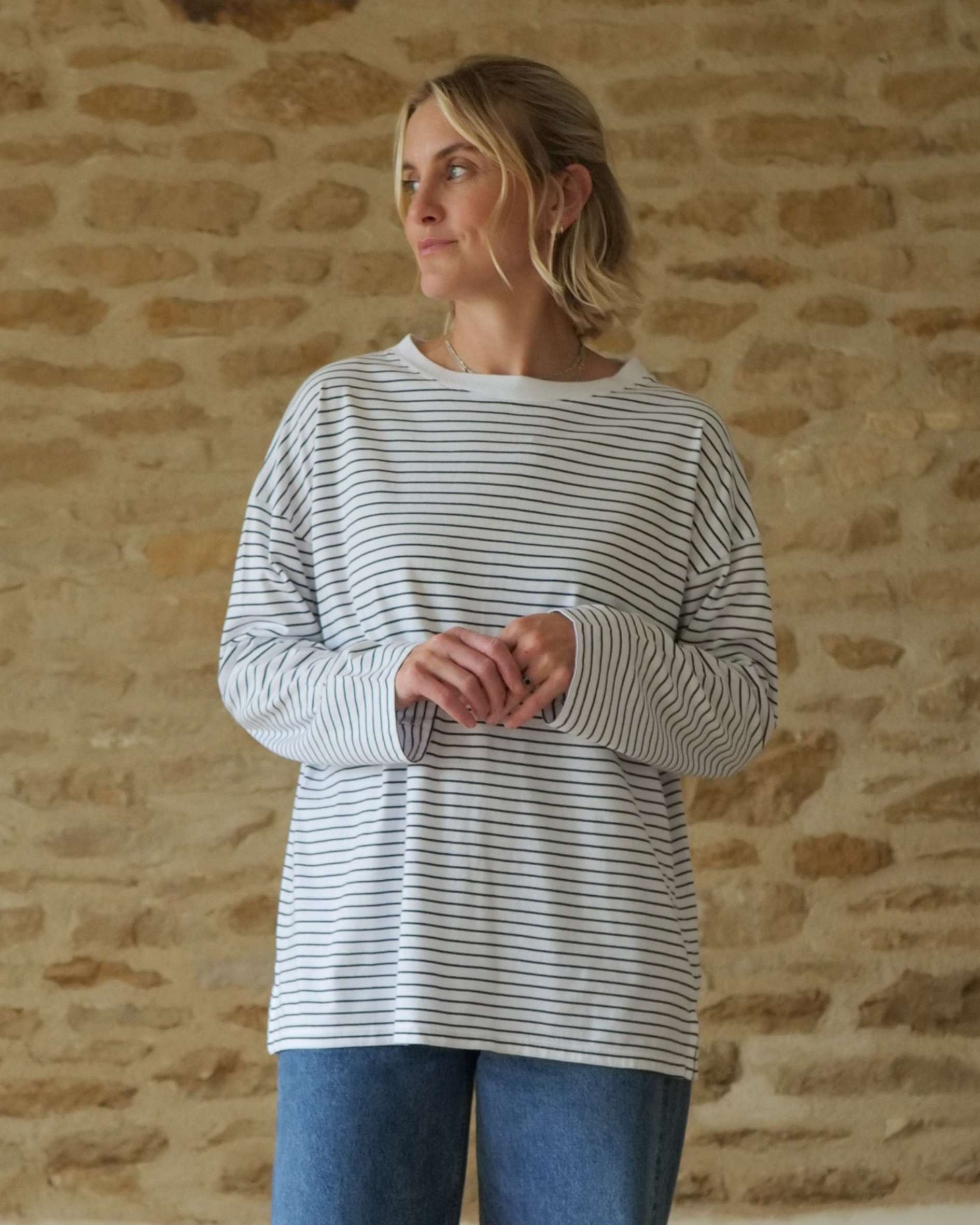 organic cotton t shirt in navy fine stripe