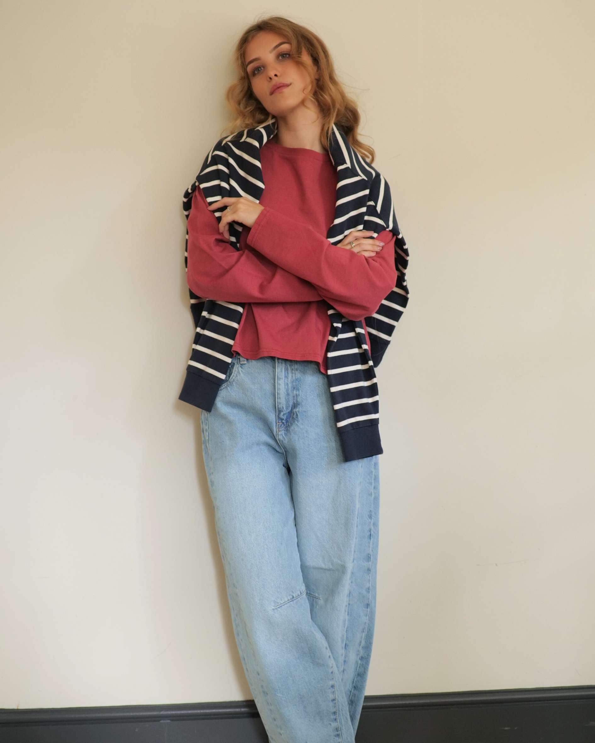 raspberry pink t shirt with striped sweatshirt