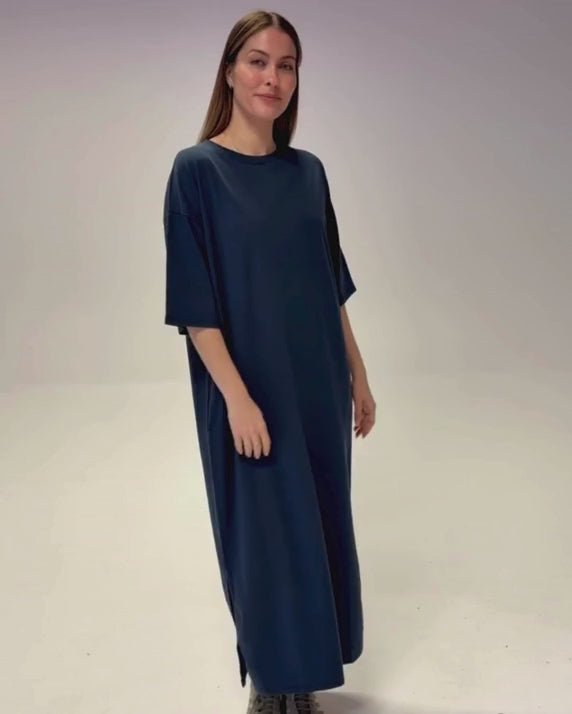 Megan Oversized Organic Cotton Navy Midi Dress product video